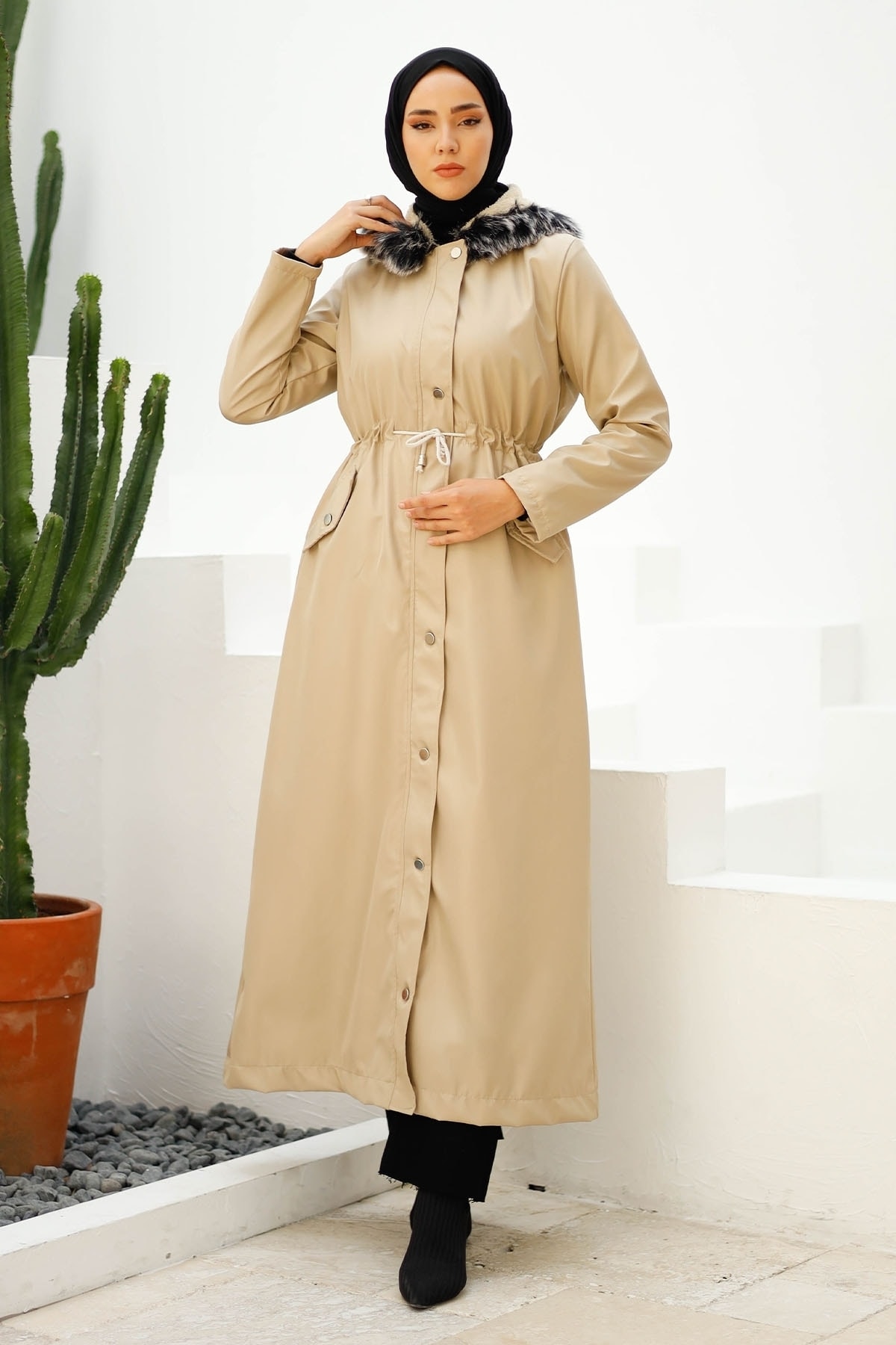 InStyle Kürklü Içi Polar Uzun 2002 Kaban - Taş