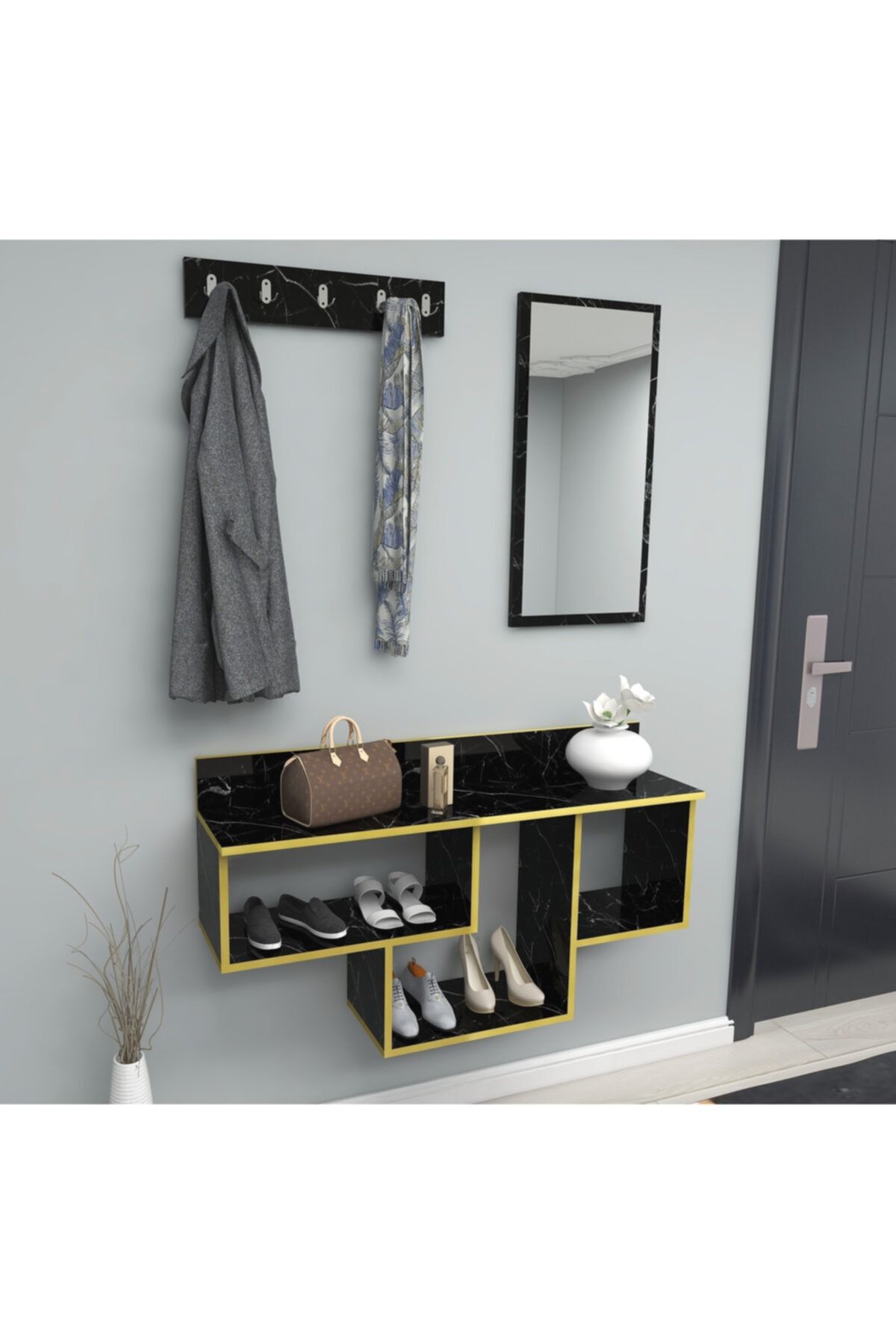 ARNETTİ Bella Dresuar Mermer Desen-gold Ayna Askılık Ve Raf 67,4x120x28 Kolay Kurulum Özel Tasarım