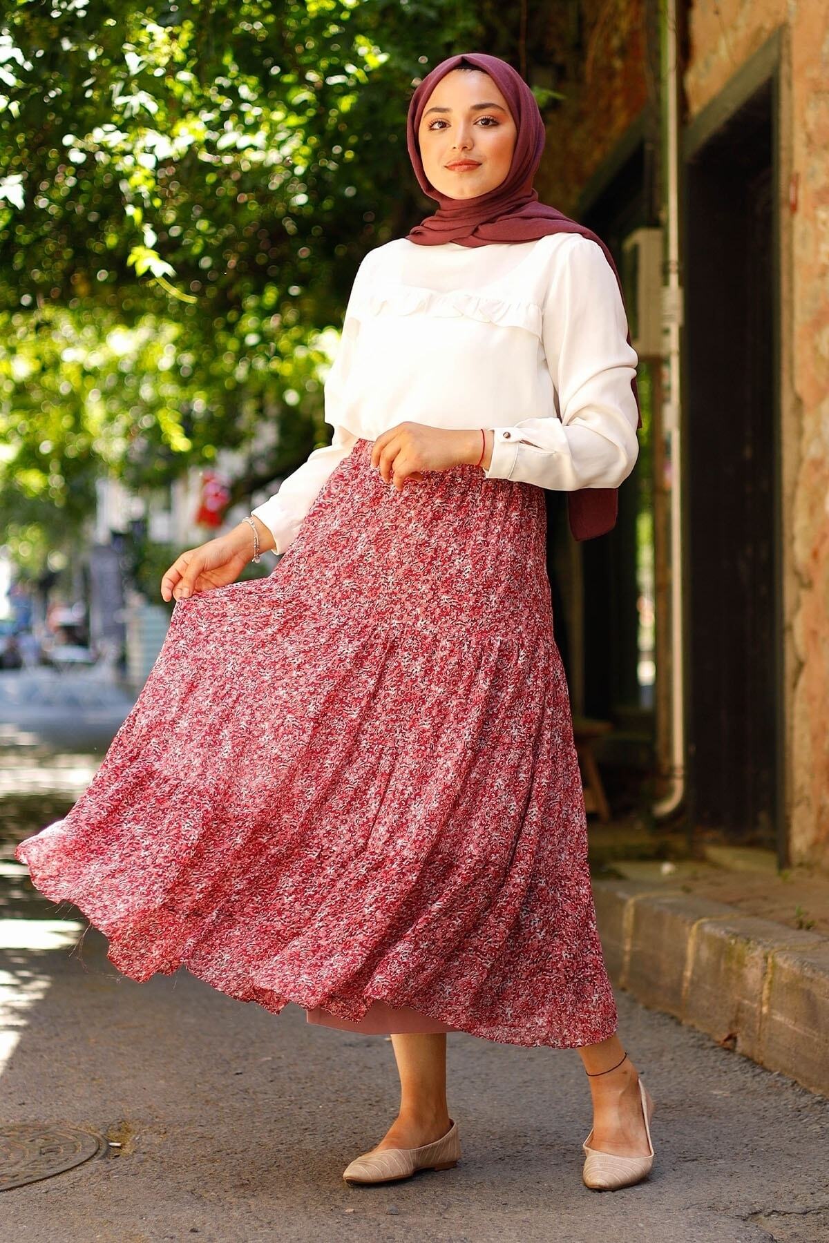 InStyle Lastikli Çıtır Desen Astarlı Şifon Etek - Koyu Pembe