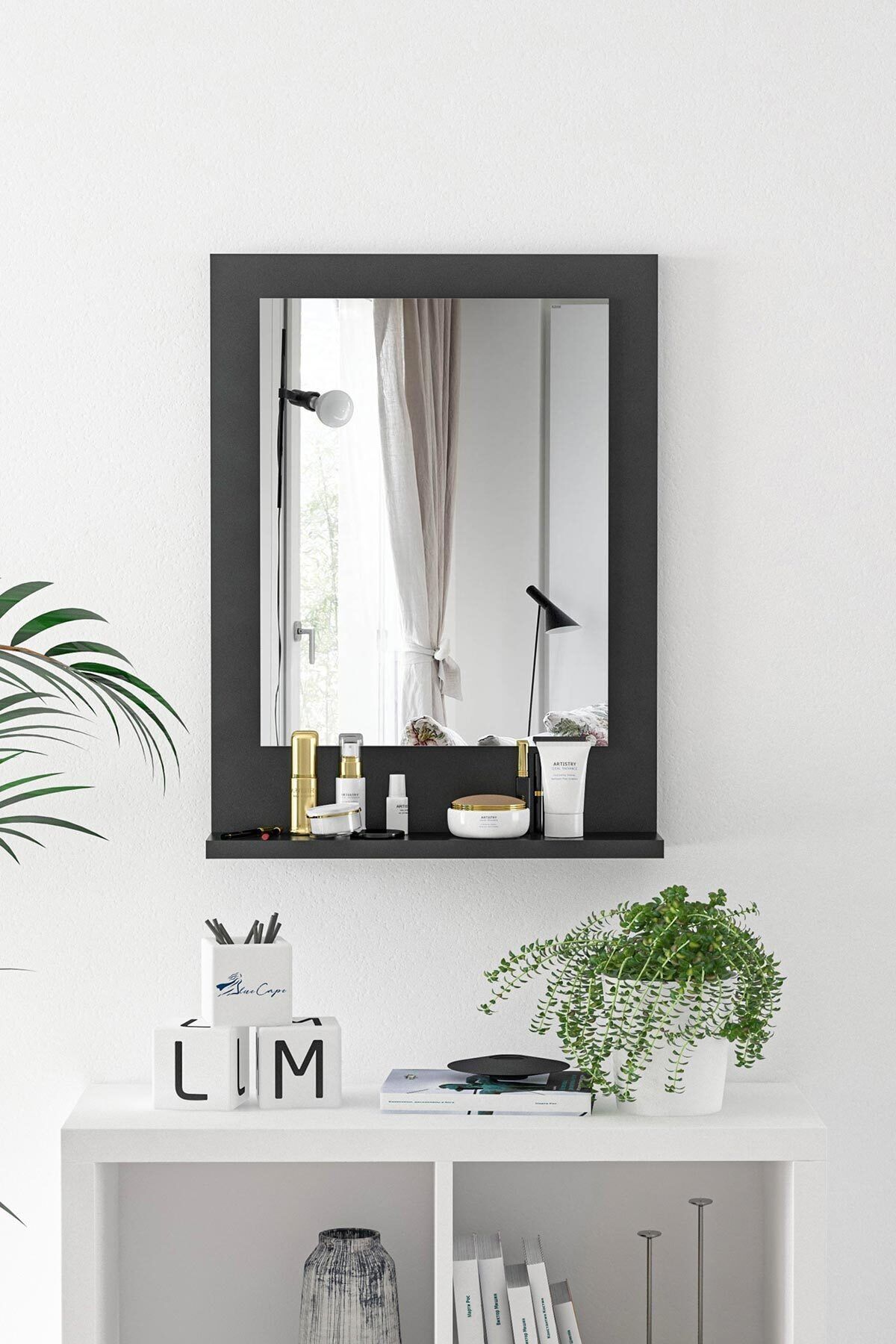 bluecape Verona 45x60cm Antrasit Raflı Dresuar Hol Koridor Salon Banyo Wc Ofis Çocuk Yatak Odası Boy Ayna