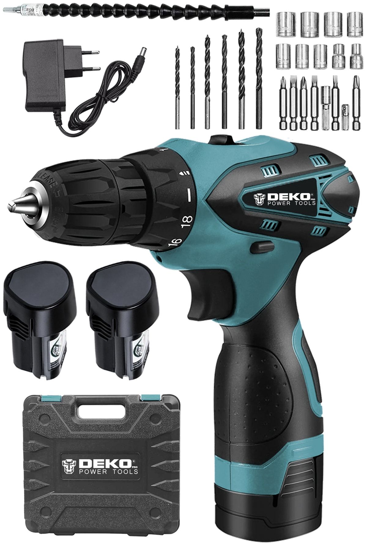 DEKOPRO POWER TOOLS Alman 36 V Sjs Metal Şanzuman Çift Akülü Şarjlı Vidalama Matkap Mavi + 24 Parça