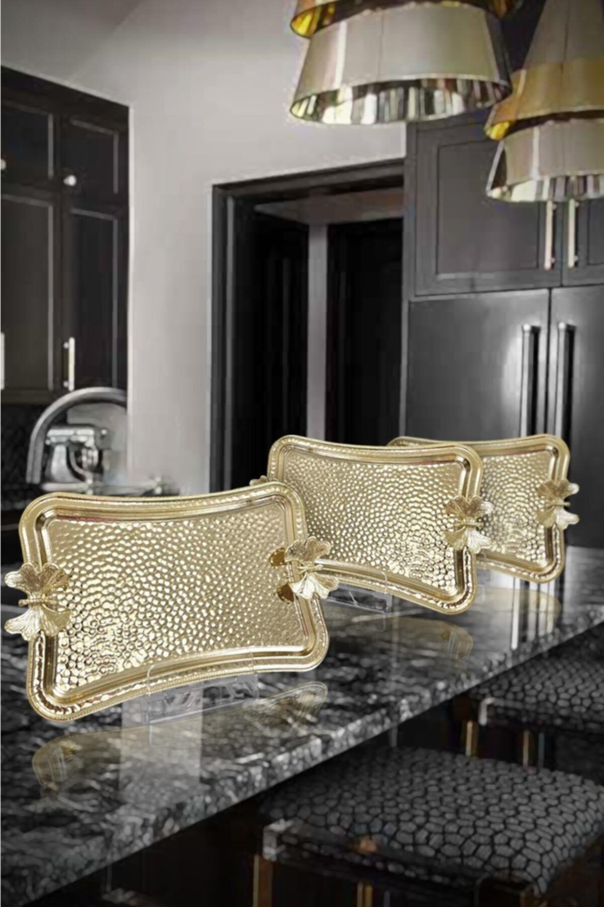 Glamour Home Beyt Life 2600ka Kelebek Dövme Metal Sunumluk Kahve Söz Tepsisi Gold 3'lü