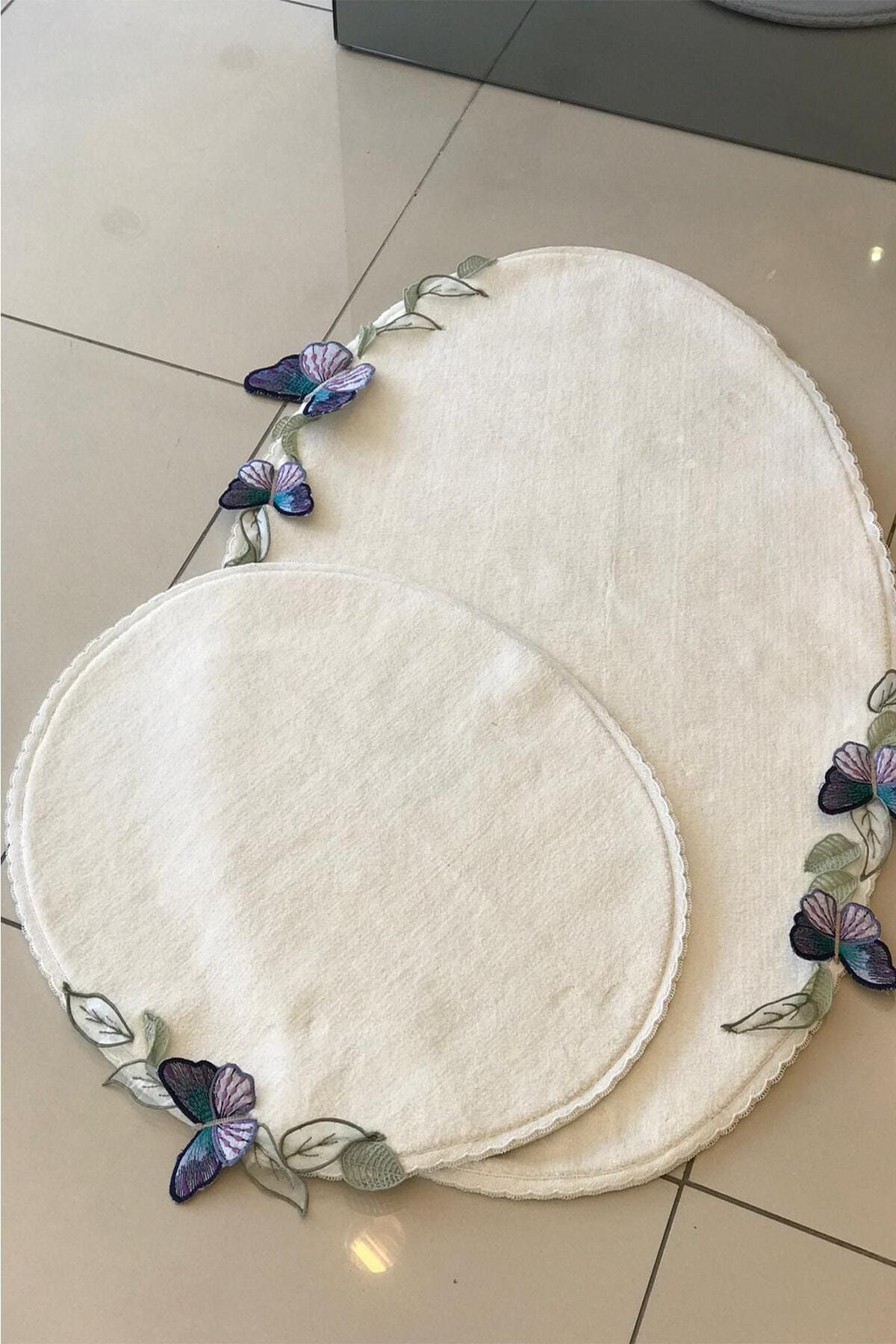 touch love designed Serenıty Pamuk Banyo Paspas Takımı Krem-mor