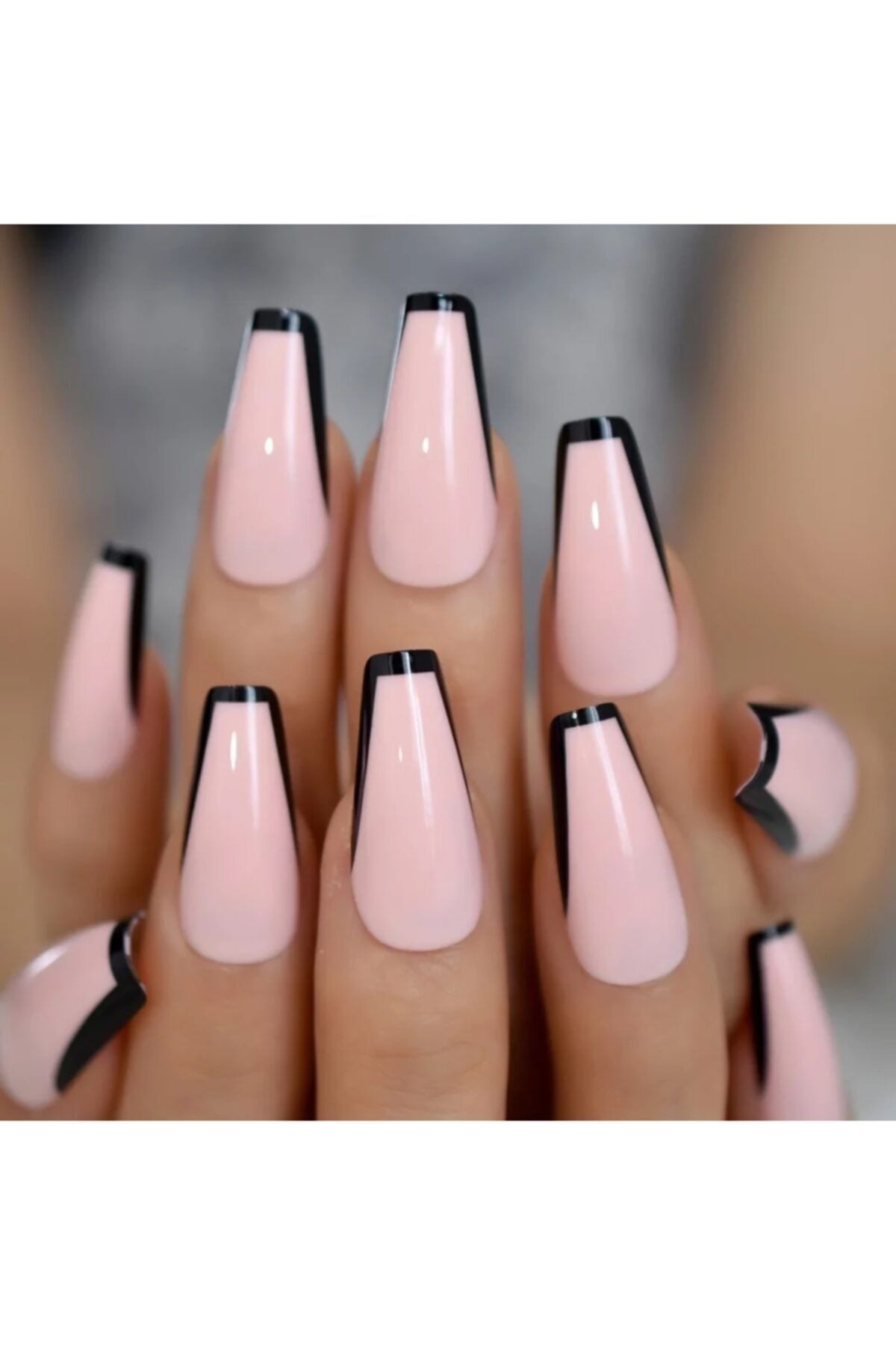 EDA LUXURY BEAUTY Naturel Pembe Siyah French Takma Tırnak Lüks Parlak Desenli Extra Uzun Kare Ballerina Nail Art Set