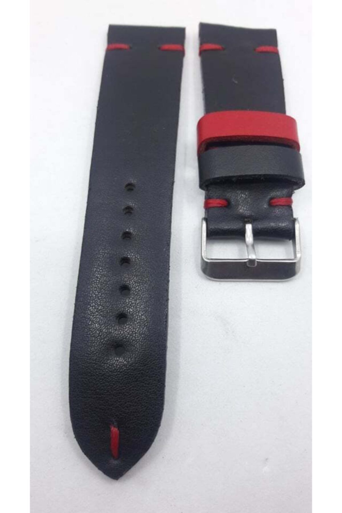 Prizma 22 Mm Suni Deri Siyah Saat Kordonu Kırmızı Dikişli