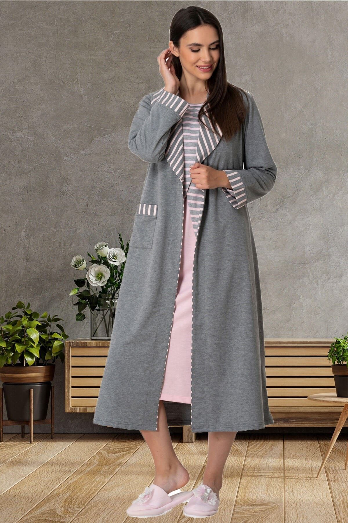Mecit Pijama Mecit 5576 Pembe Çizgili Sabahlıklı Lohusa Gecelik Takım