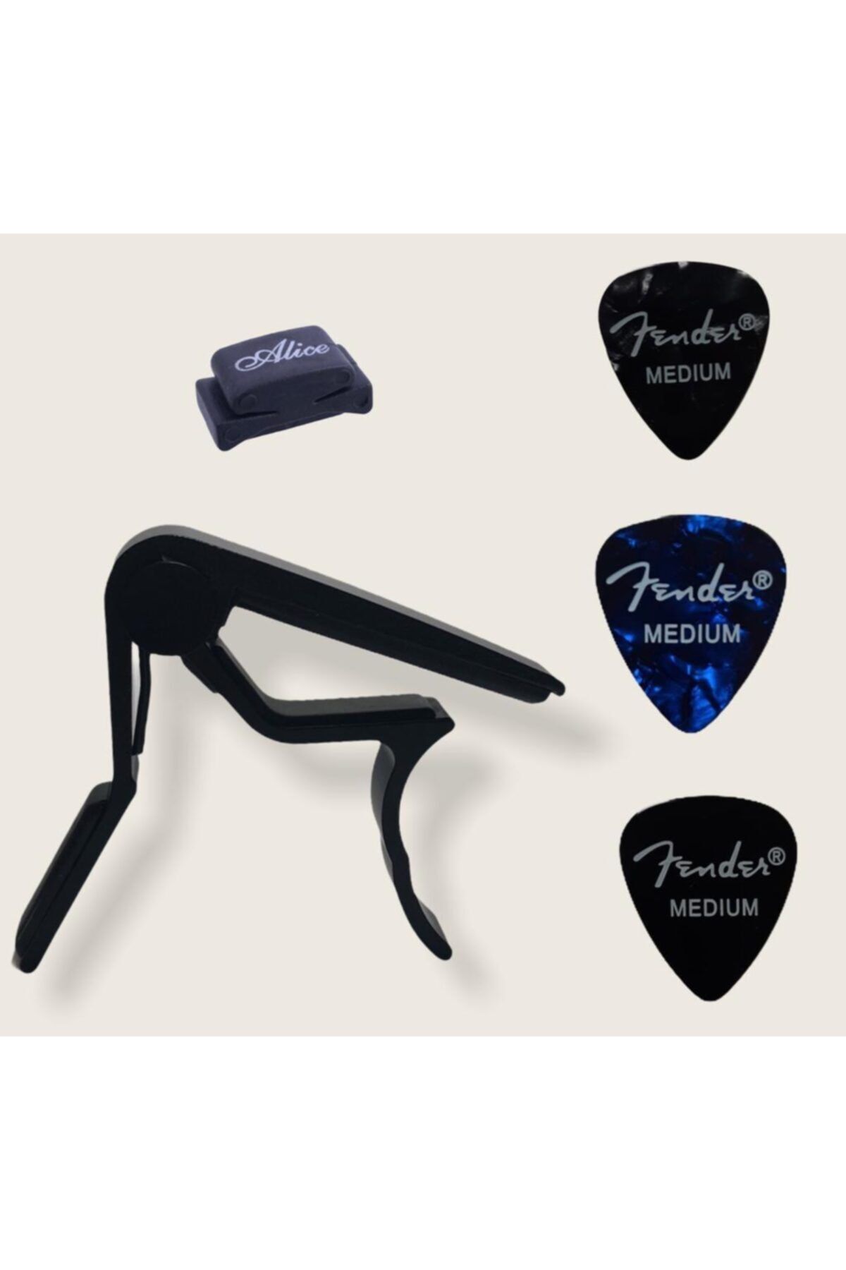 Alice Rubber Pick Holder Pena Tutucusu + 3 Adet Fender Medium Pena + Nemesis Fc-75 Kapo