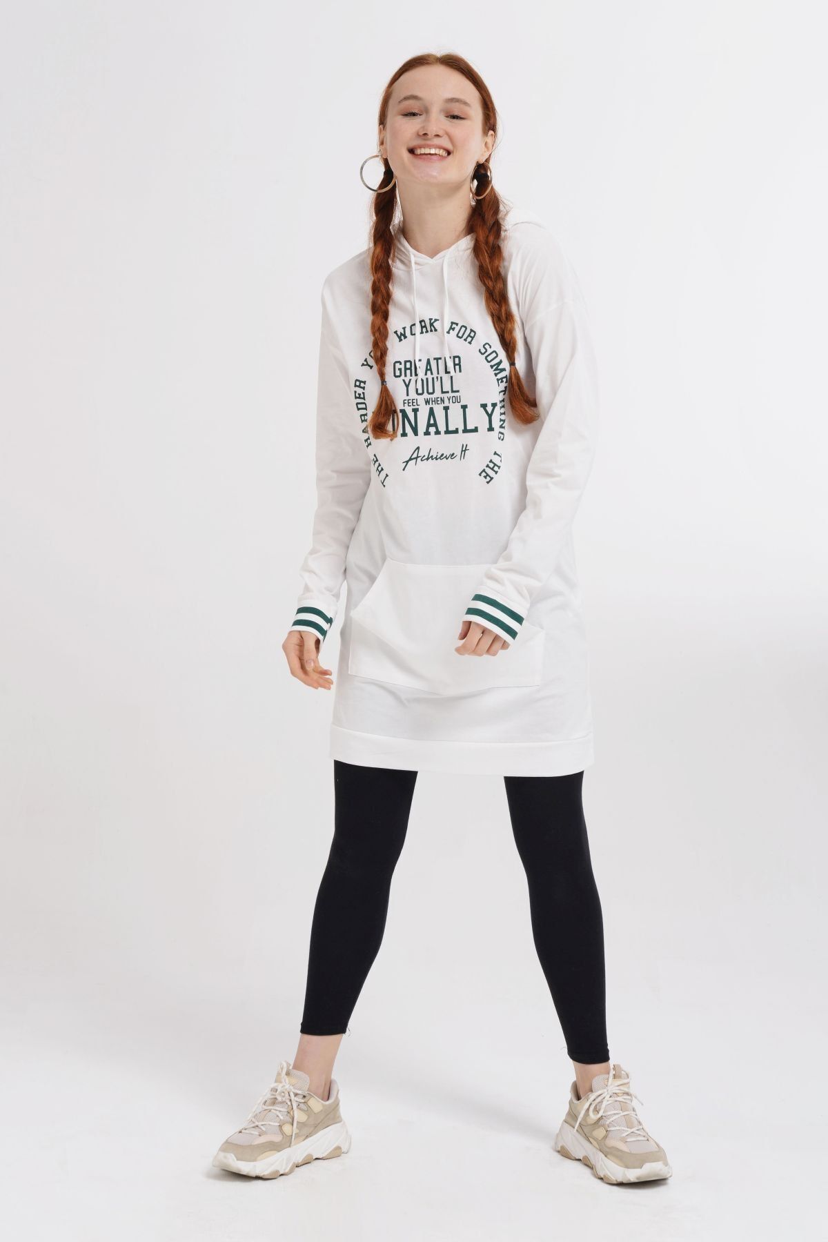 Nefise Greather Kolu Şerit Baskılı Sweatshirt - Beyaz