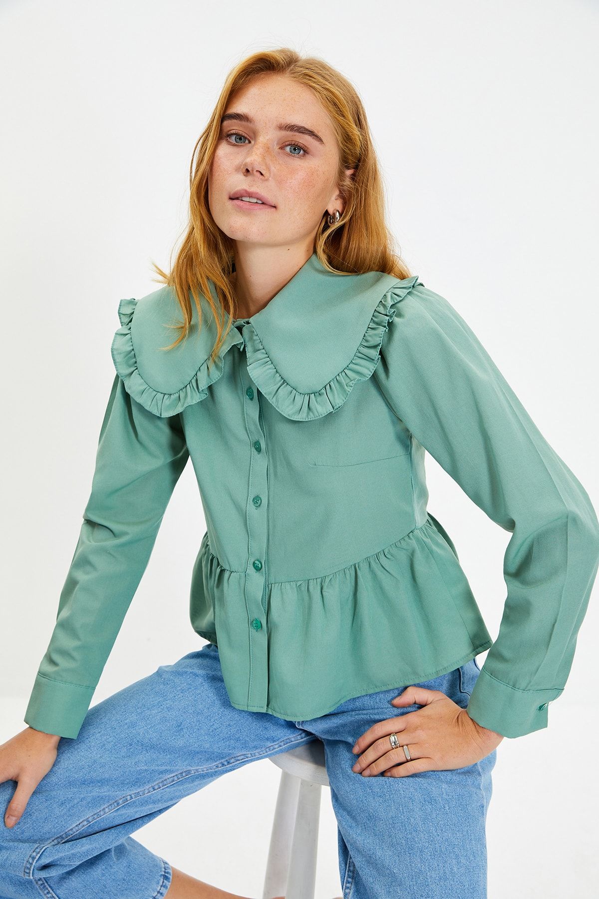 TRENDYOLMİLLA Mint Yaka Detaylı Gömlek TWOAW22GO0632