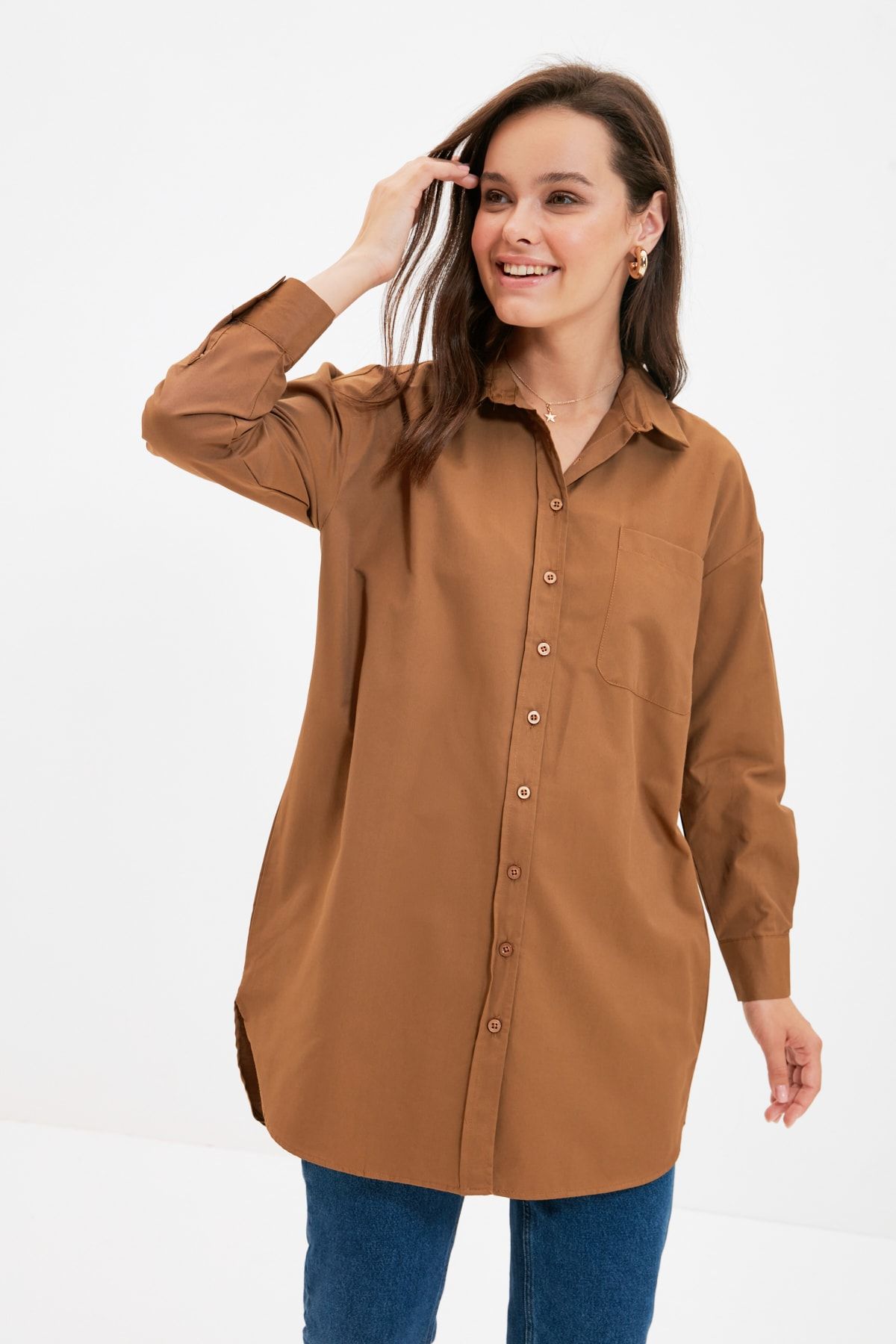 Trendyol Modest Koyu Kahverengi Gömlek Yaka Tunik TCTAW22UK0080