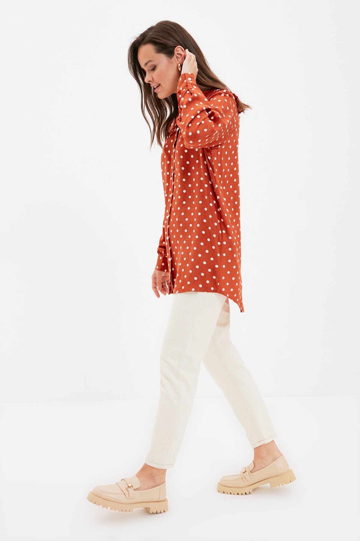 Trendyol Modest Kiremit Peter Pan Yaka Puantiye Desenli Tunik TCTAW22UK0153