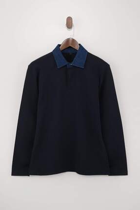 Lacivert Regular/Normal Kesim Dokulu Denim Yaka Detaylı Polo Yaka T-shirt TMNSS26PO00001 Image 0