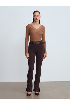 32311 Dantelli Kaşmir Bluz-Koyu Vizon Image 3