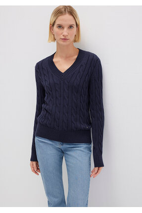 İpek Karışımlı V Yaka Lacivert Kazak Slim Fit / Dar Kesim 1710720-89101 Image 1