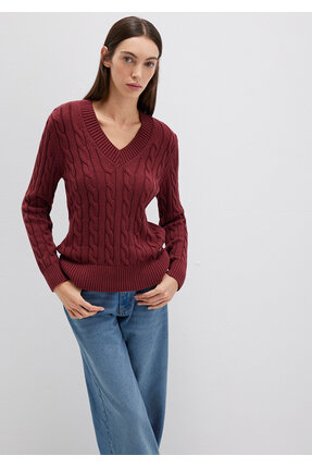 İpek Karışımlı V Yaka Bordo Kazak Slim Fit / Dar Kesim 1710720-85493 Image 1