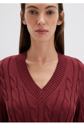 İpek Karışımlı V Yaka Bordo Kazak Slim Fit / Dar Kesim 1710720-85493 Image 5