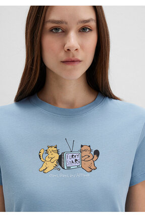 Kedi Baskılı Tişört Semi Slim Fit / Yarı Dar Kesim 1613472-88024 Image 5