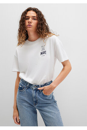 Logo Nakışlı Beyaz Tişört Loose Fit / Bol Rahat Kesim 1613467-70057 Image 1