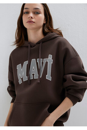 Logo Baskılı Kapüşonlu Kahverengi Sweatshirt 1600361-70222 Image 0