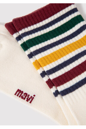 Çizgi Detaylı Ekru Soket Çorap 1910953-33004 Image 1