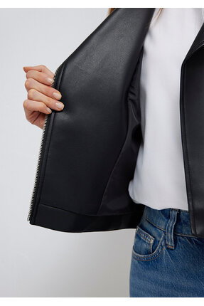 Biker Yaka Siya Suni Deri Ceket Slim Fit / Dar Kesim 1110221-900 Image 7