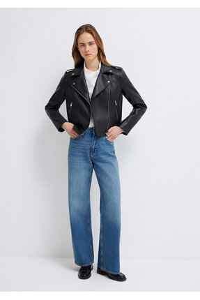 Biker Yaka Siya Suni Deri Ceket Slim Fit / Dar Kesim 1110221-900 Image 1