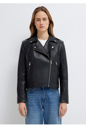 Biker Yaka Siya Suni Deri Ceket Slim Fit / Dar Kesim 1110221-900 Image 3