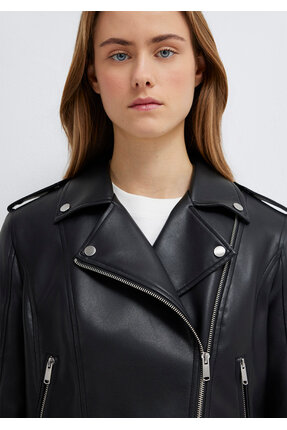 Biker Yaka Siya Suni Deri Ceket Slim Fit / Dar Kesim 1110221-900 Image 6