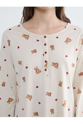 PATENTH'DEN Bej Bisiklet Yaka Ayı Teddy Desenli Hamile Gecelik Image 2