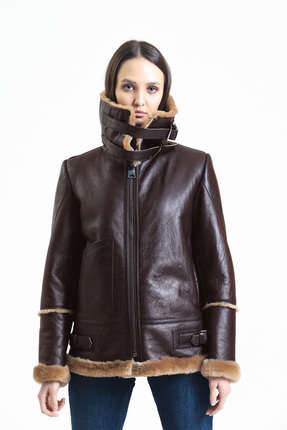 Kadın Kahverengi Vintage Deri Mont, Kahverengi Kürklü, Balıkçı Yaka, Oversize - 105222 Image 7