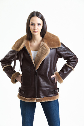 Kadın Kahverengi Vintage Deri Mont, Kahverengi Kürklü, Balıkçı Yaka, Oversize - 105222 Image 5