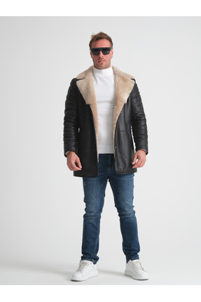 Erkek Hakiki Deri Kaban, 90 Cm Uzunluk, Düğme Kapamalı, Siyah, Kışlık Mont, Premium Tasarım Image 7