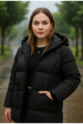 Kadın Şişme Mont – Oversize, Ön Cepli, Yağmur, Rüzgar Geçirmez, Kışlık Kapüşonlu Image 0