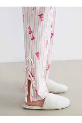 Ekru Gömlek Yaka Desenli Kadın Pijama Takım Image 7