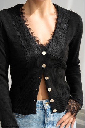 Kadın Siyah V Yaka Dantel Detaylı Hırka Image 1