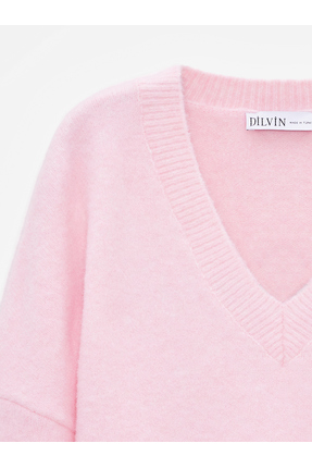 10645 V Yaka Yün Karışımlı Kazak-Pembe Image 6