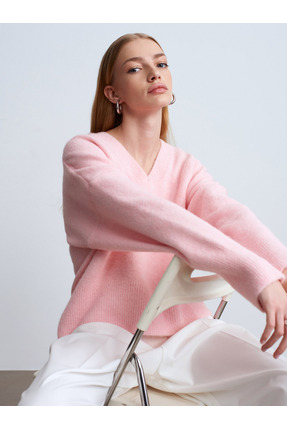 10645 V Yaka Yün Karışımlı Kazak-Pembe Image 2