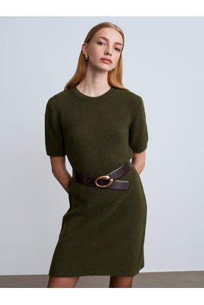 90257 Bisiklet Yaka Yün Karışımlı Triko Elbise-Haki M. Image 3