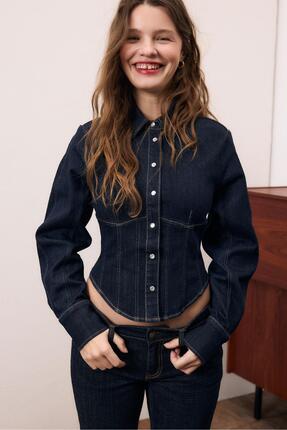 Korse kesim denim gömlek Image 2