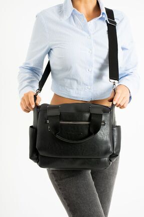 Kadın Suni Deri Çok Gözlü Kullanışlı Ayarlanabilir Çapraz Askılı Siyah Mat Omuz Çantası Image 1