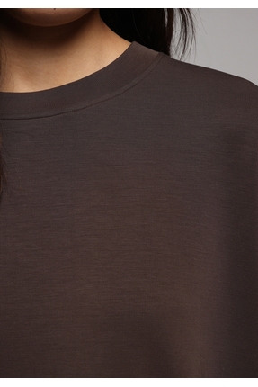 Regular Fit Yuvarlak Yaka Düz Kadın Kahverengi Sweatshirt Image 3