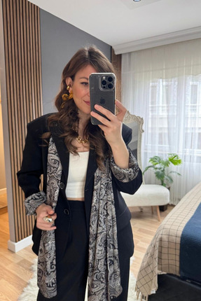 Saten Astarlı Fularlı Ceket Pantolon Takım Siyah Image 5