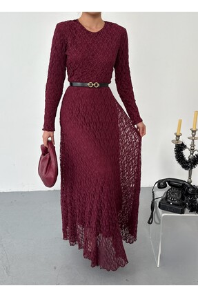 Zarafet Kemer Detaylı Uzun Dantel Elbise Image 1