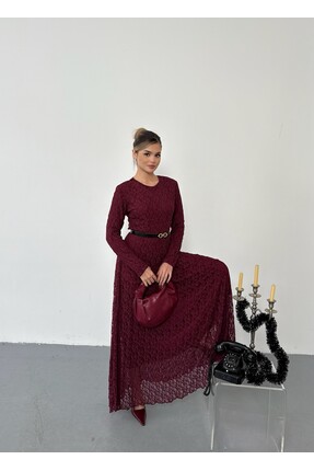 Zarafet Kemer Detaylı Uzun Dantel Elbise Image 6