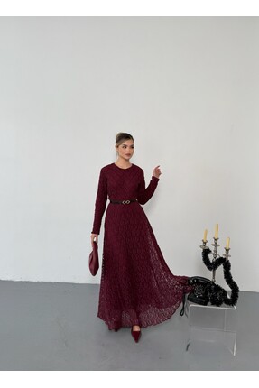 Zarafet Kemer Detaylı Uzun Dantel Elbise Image 4