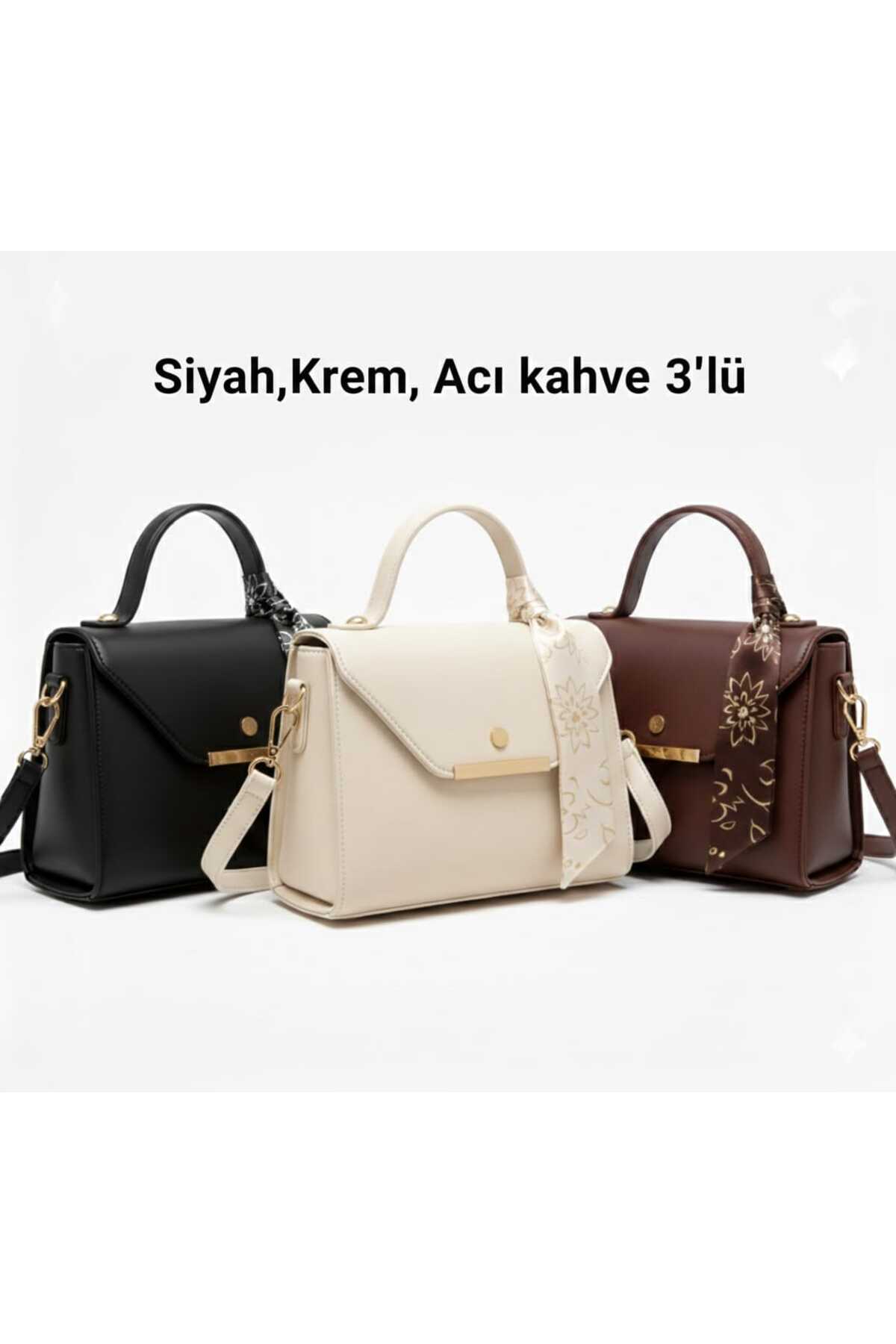 METEBAGS - Siyah,Krem,Acı kahve 3'lü Paket Suni Deri Fular Detaylı Omuz& El Çantası