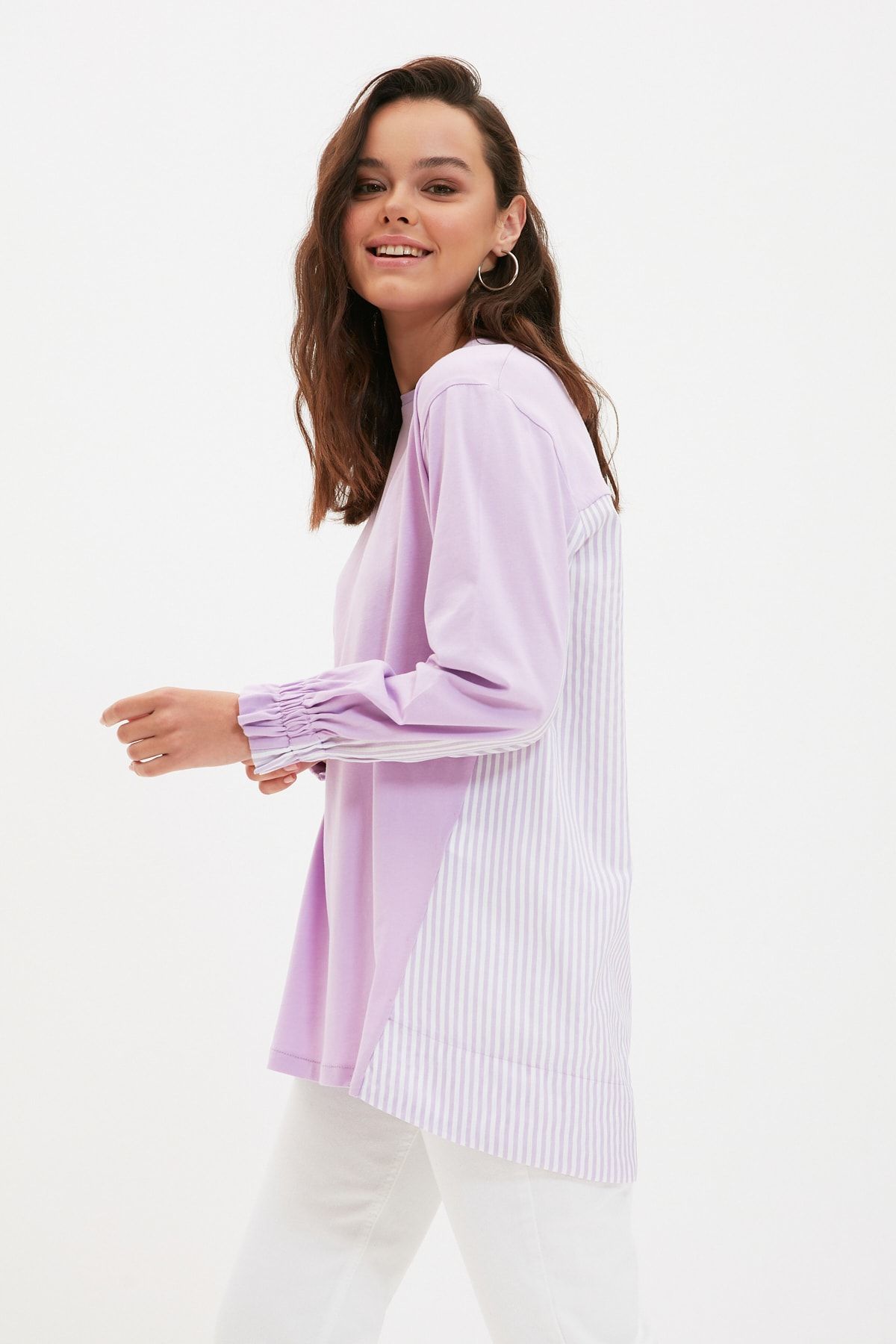 Trendyol Modest Lila Bisiklet Yaka Dokuma Panelli Örme Tunik TCTAW22UK0049