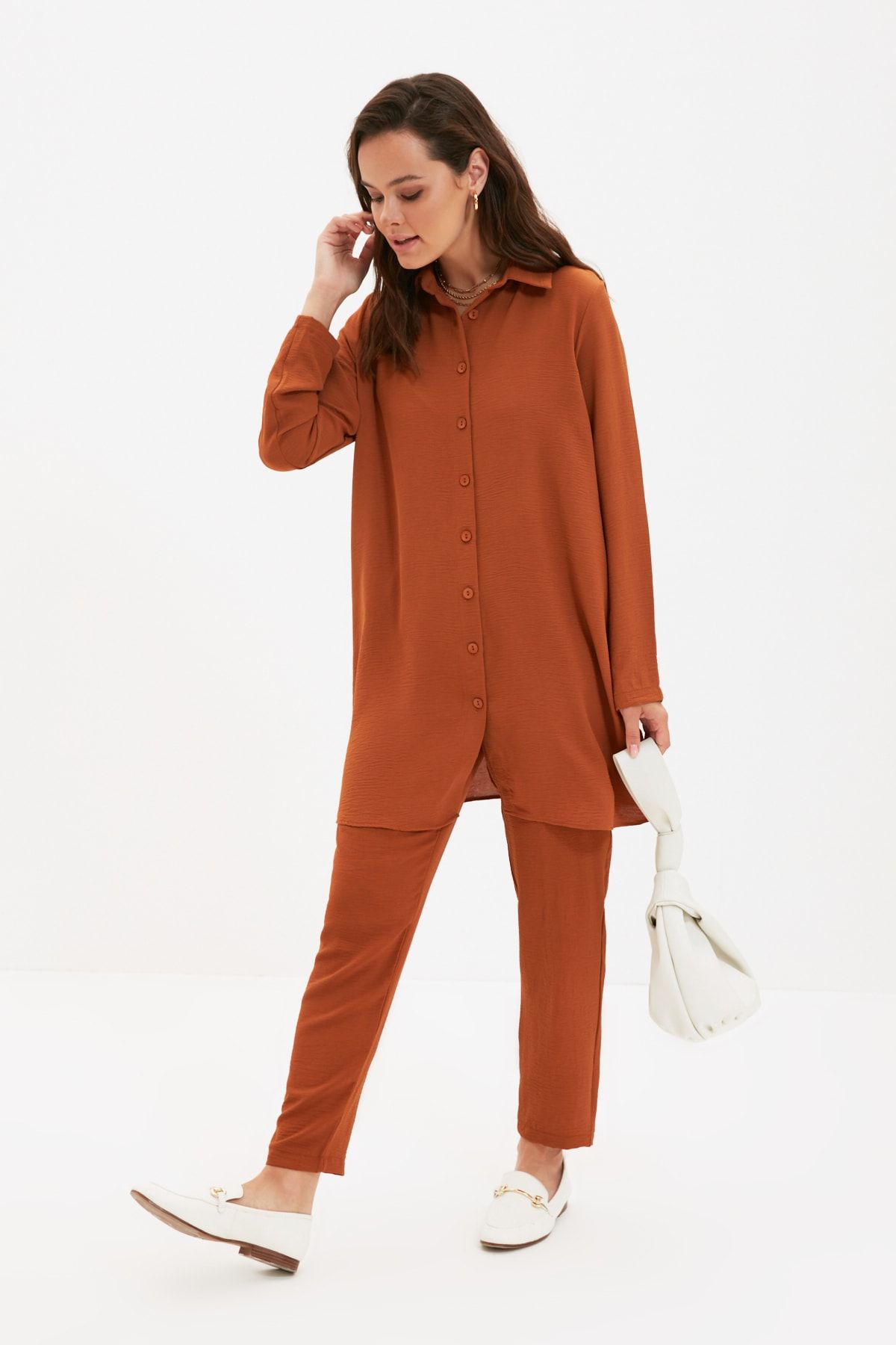 Trendyol Modest Camel Gömlek Yaka Alt-Üst Takım TCTAW22US0022