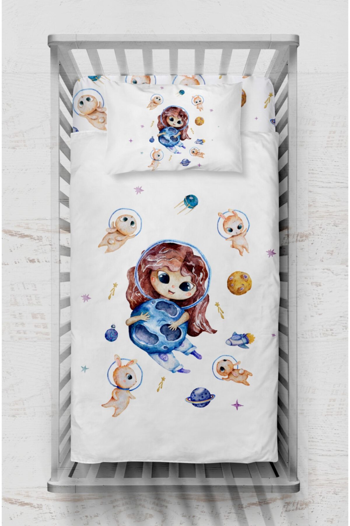 Neym Design Küçük Astronot Kız Bebek Boy Pamuk Saten Nevresim Takımı