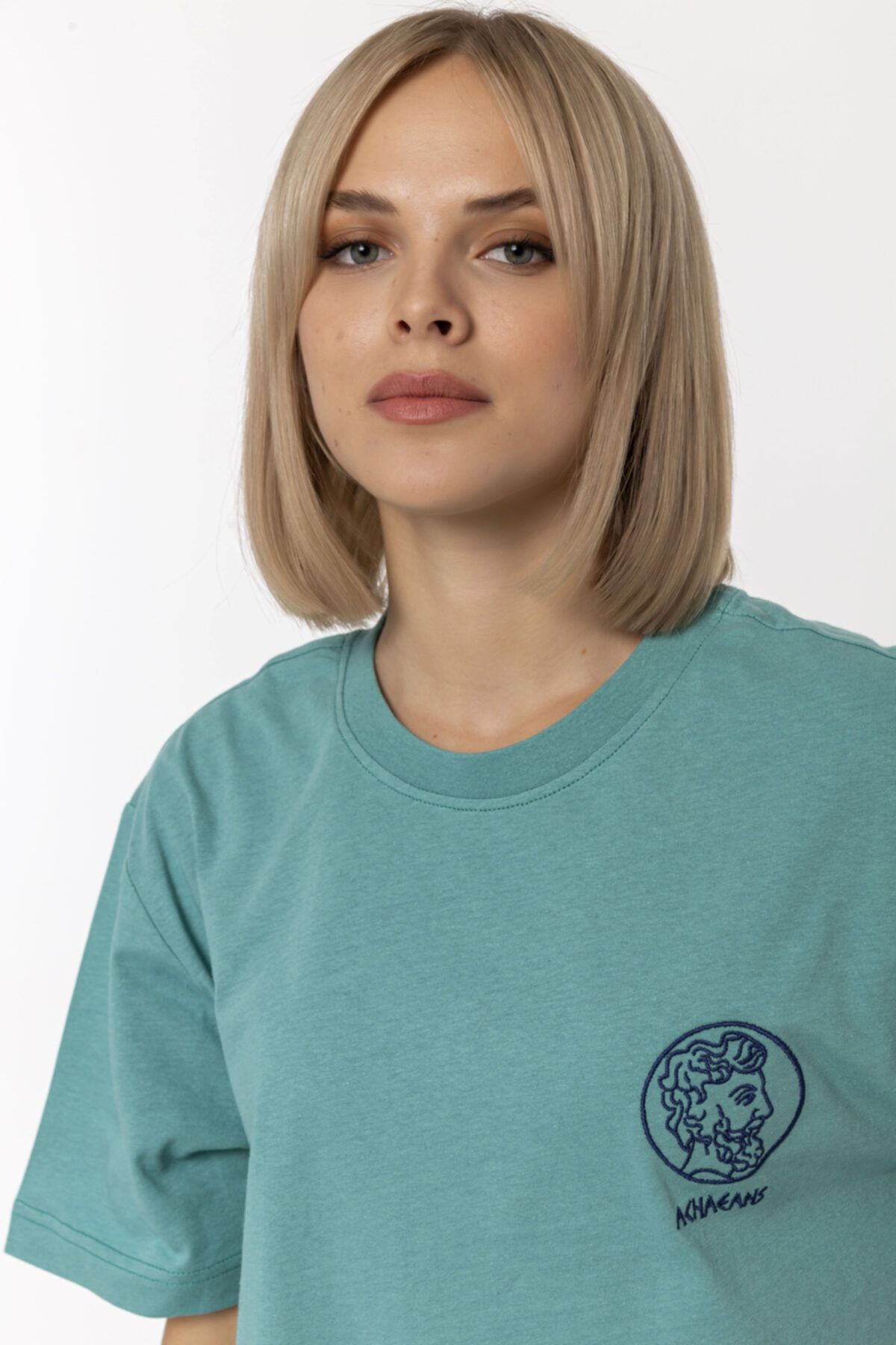 Nur Aka by Nurteks Achaeans Nakışlı Yeşil %100 Pamuk Oversize Büyük Beden T-shirt